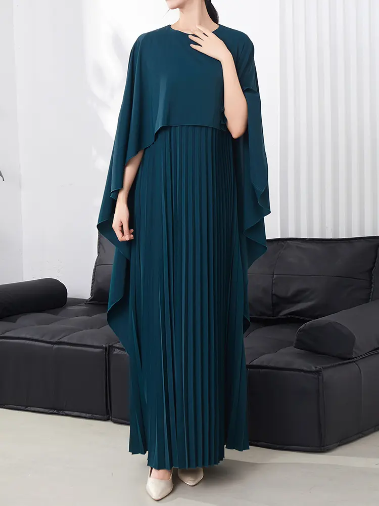 LANMREM Shawl Design Evening Dress Women's 2025 New Fashion Bat Sleeve Loose Fake Two Piece Pleated Long Dresses Chic 2DB3097