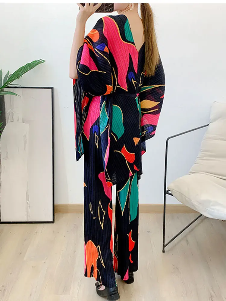 LANMREM 2 Pieces Sets For Women V Neck Loose Batwing Printing Top With Wide Leg Trousers Female Fashion Clothing Spring 2R9633