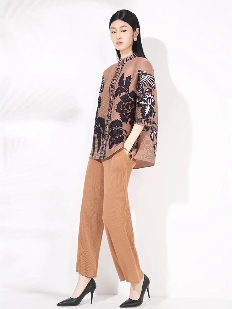 LANMREM Chinese Style Print Single Breasted Short Coat And Elastic Waist Straight Pants Casual Women's Pleated Two Pieces Set