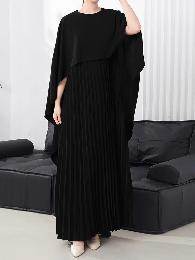 LANMREM Shawl Design Evening Dress Women's 2025 New Fashion Bat Sleeve Loose Fake Two Piece Pleated Long Dresses Chic 2DB3097