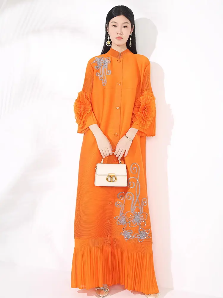 LANMREM Stand Collar Pleated Dress Women's New Loose Handmade Flower Bead Spliced Single Breasted Cardigan Long Dresses 2DB3447