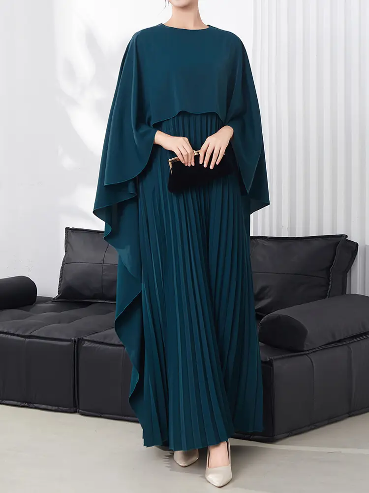 LANMREM Shawl Design Evening Dress Women's 2025 New Fashion Bat Sleeve Loose Fake Two Piece Pleated Long Dresses Chic 2DB3097
