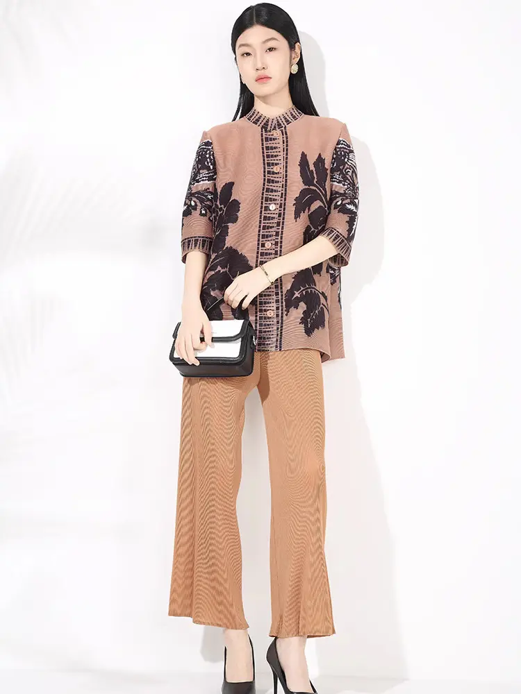 LANMREM Chinese Style Print Single Breasted Short Coat And Elastic Waist Straight Pants Casual Women's Pleated Two Pieces Set
