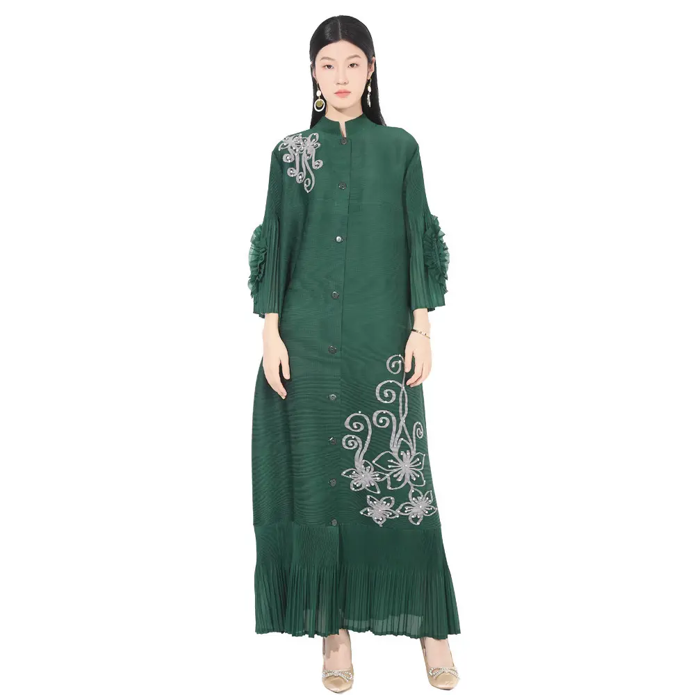 LANMREM Stand Collar Pleated Dress Women's New Loose Handmade Flower Bead Spliced Single Breasted Cardigan Long Dresses 2DB3447