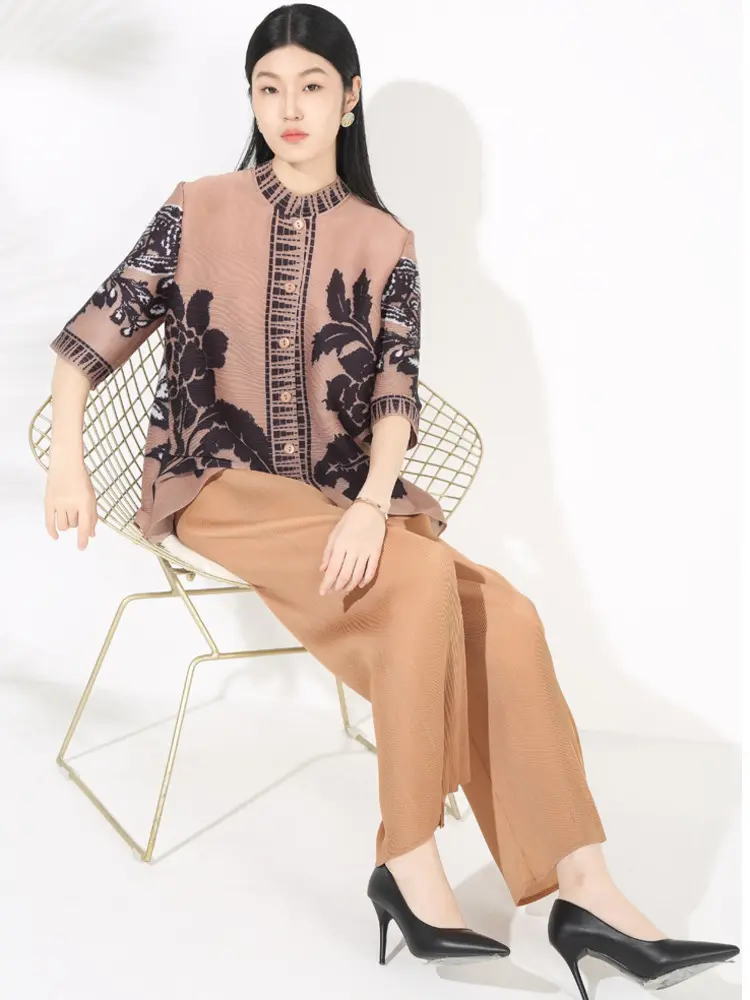 LANMREM Chinese Style Print Single Breasted Short Coat And Elastic Waist Straight Pants Casual Women's Pleated Two Pieces Set