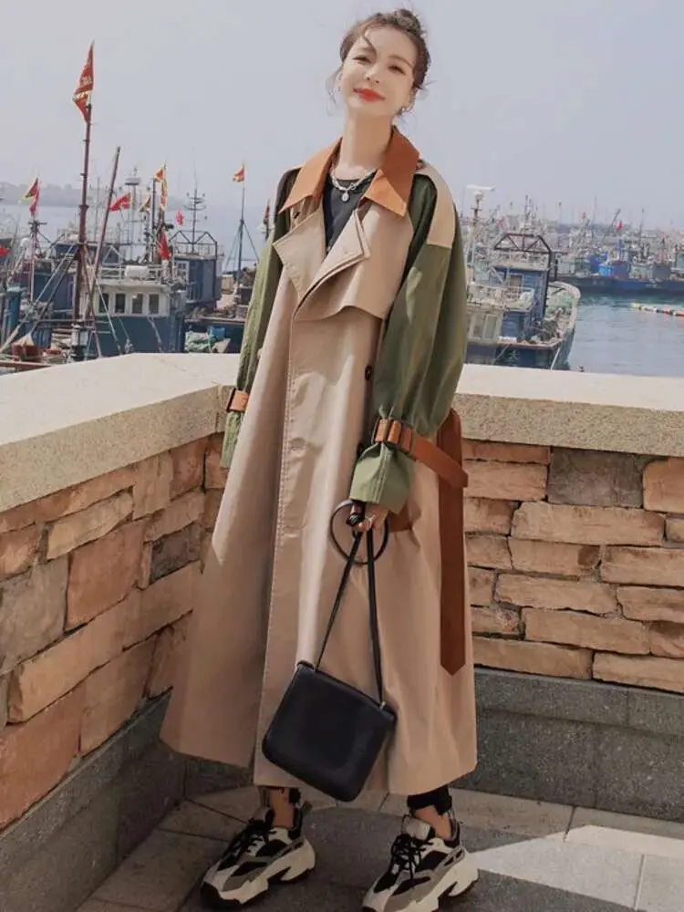 LANMREM Trench Coat Women's Chic Splicing Color Block Lapel Double Breasted Long Windbreaker Belt Coat 2025 Spring New 2DA1718