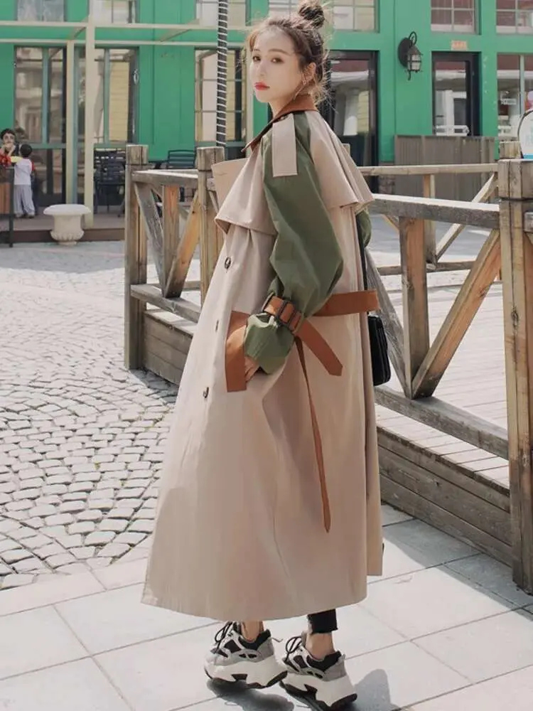 LANMREM Trench Coat Women's Chic Splicing Color Block Lapel Double Breasted Long Windbreaker Belt Coat 2025 Spring New 2DA1718