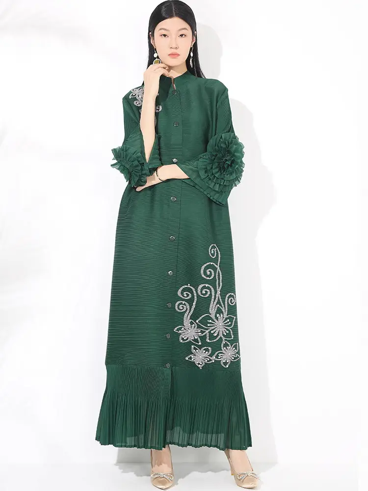 LANMREM Stand Collar Pleated Dress Women's New Loose Handmade Flower Bead Spliced Single Breasted Cardigan Long Dresses 2DB3447