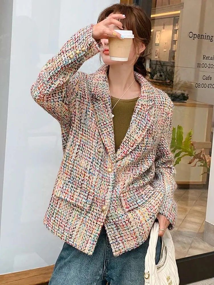 LANMREM Korean Style Colorful Blazer Women Notched Collar Long Sleeves Single Breasted Coat Fashion 2025 Spring Winter 2VV361