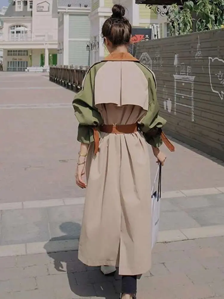 LANMREM Trench Coat Women's Chic Splicing Color Block Lapel Double Breasted Long Windbreaker Belt Coat 2025 Spring New 2DA1718