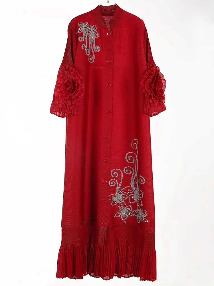 LANMREM Stand Collar Pleated Dress Women's New Loose Handmade Flower Bead Spliced Single Breasted Cardigan Long Dresses 2DB3447