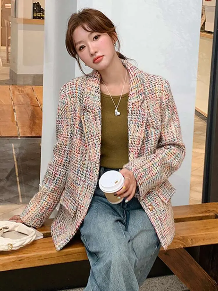 LANMREM Korean Style Colorful Blazer Women Notched Collar Long Sleeves Single Breasted Coat Fashion 2025 Spring Winter 2VV361