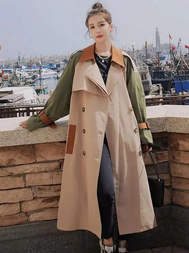 LANMREM Trench Coat Women's Chic Splicing Color Block Lapel Double Breasted Long Windbreaker Belt Coat 2025 Spring New 2DA1718