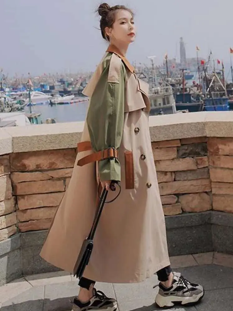 LANMREM Trench Coat Women's Chic Splicing Color Block Lapel Double Breasted Long Windbreaker Belt Coat 2025 Spring New 2DA1718