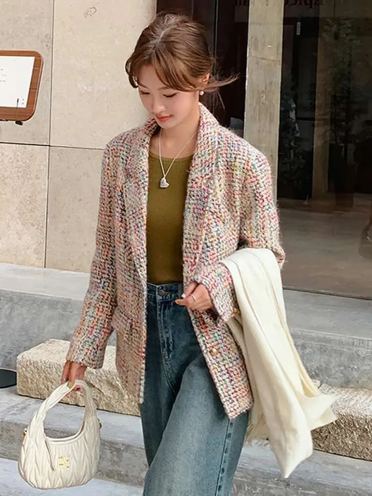 LANMREM Korean Style Colorful Blazer Women Notched Collar Long Sleeves Single Breasted Coat Fashion 2025 Spring Winter 2VV361