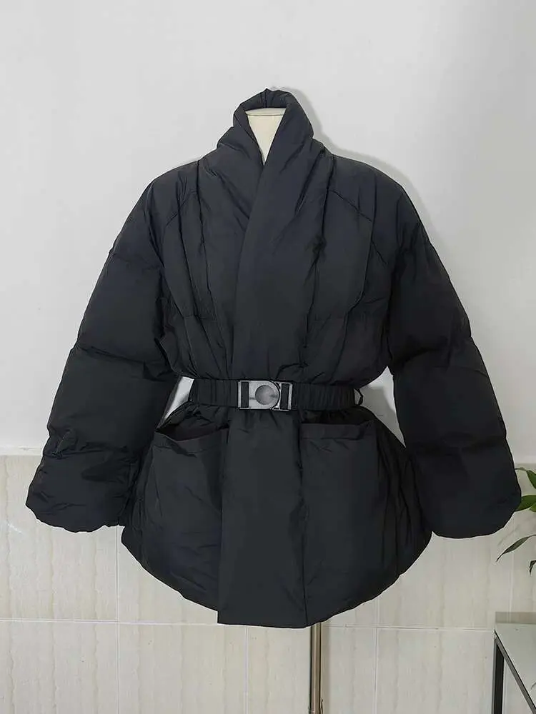 LANMREM Temperament Cotton Coat For Women 2025 Winter New V-neck Solid Color Belt Gathered Waist Fashion Coats Female 2Z2885