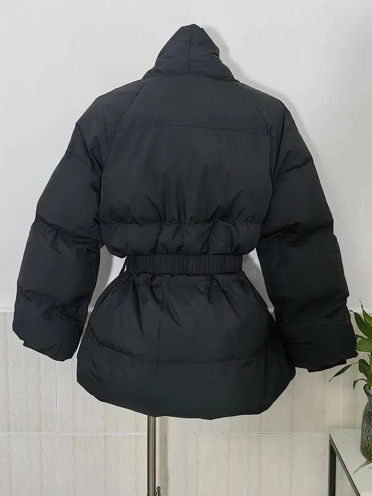 LANMREM Temperament Cotton Coat For Women 2025 Winter New V-neck Solid Color Belt Gathered Waist Fashion Coats Female 2Z2885
