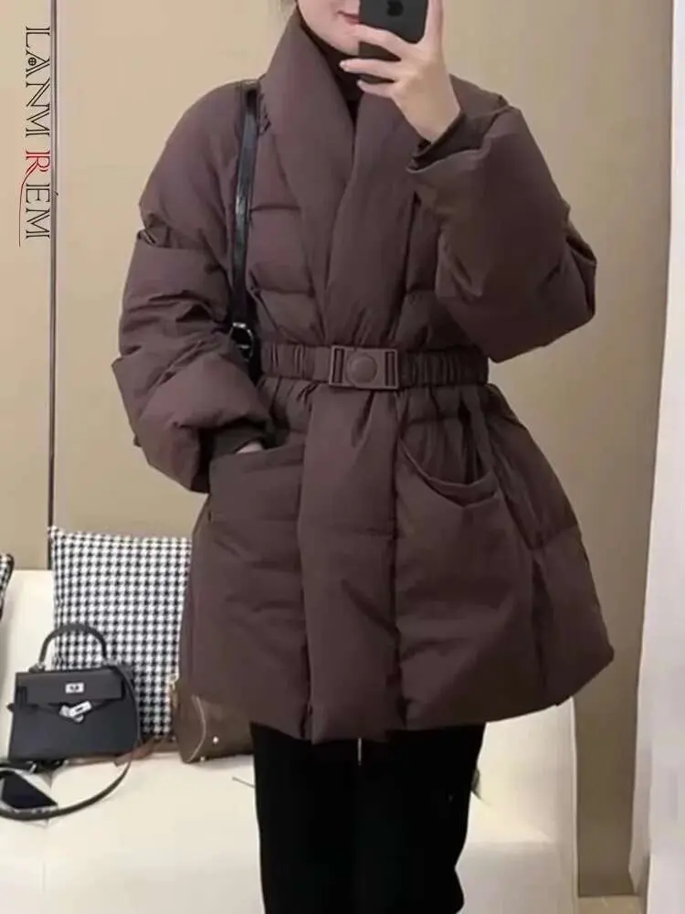 LANMREM Temperament Cotton Coat For Women 2025 Winter New V-neck Solid Color Belt Gathered Waist Fashion Coats Female 2Z2885