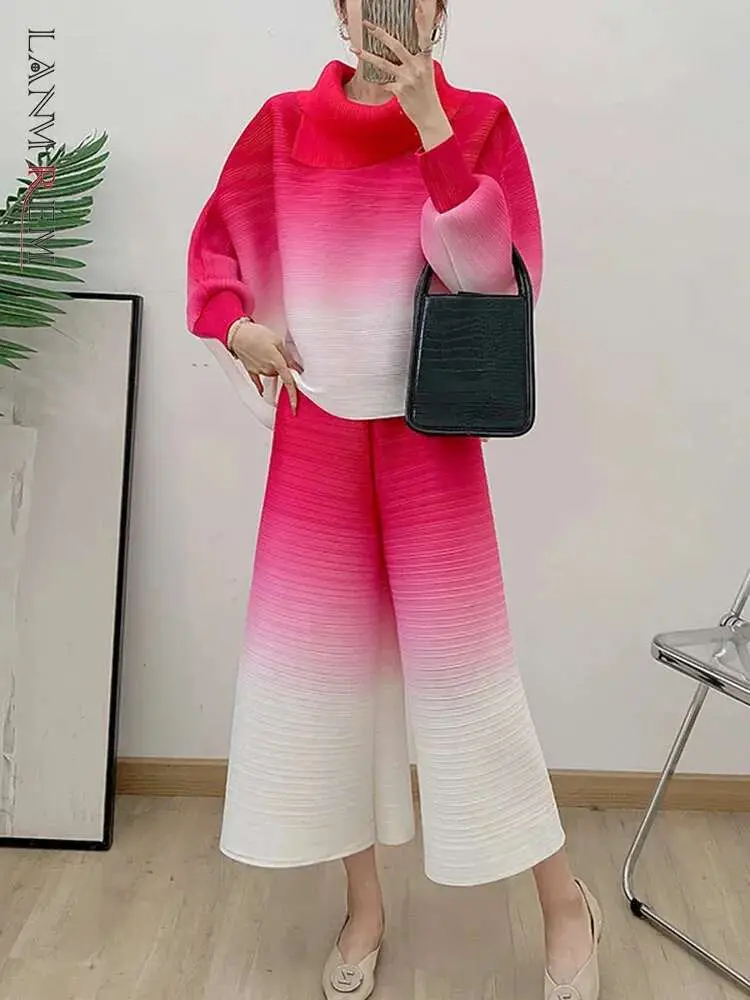 LANMREM Pleated Gradient Color Set 2025 Spring New Loose Long Sleeve Lapel Shirt +Casual Wide Leg Pants Two Piece Sets 2DB1990