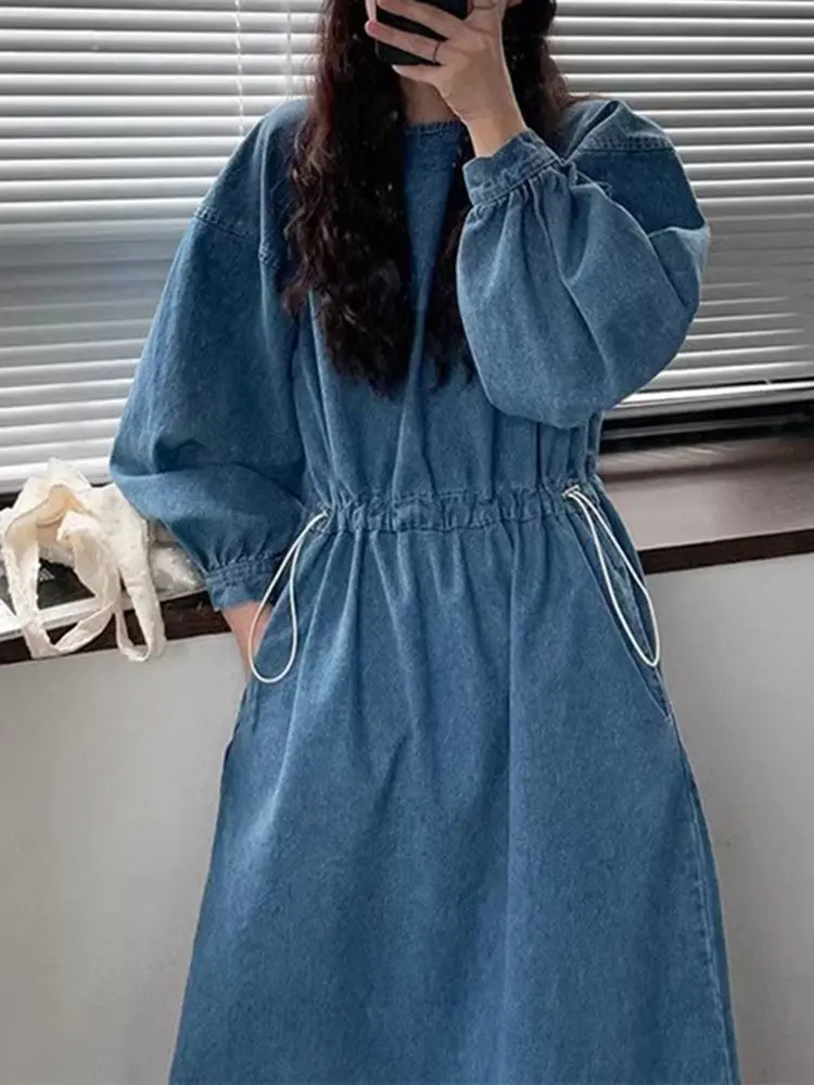 LANMREM Fashion Blue Denim Dress Women Round Neck Lantern Sleeves Drawstring A-line Dresses Casual 2024 Spring New 2AA4417