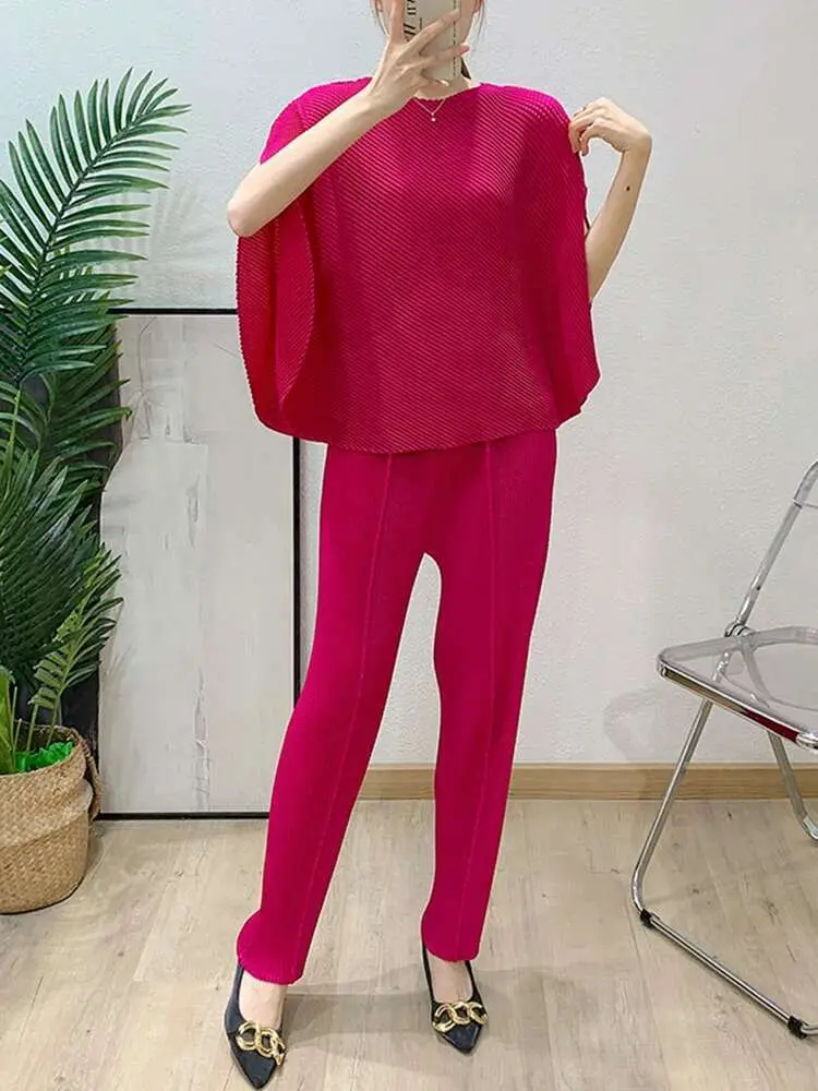 LANMREM Irregular Pleated Pants Sets Women's 2025 New Summer Fashion Short Sleeve Tops And Pencel Pants Two Pieces Set 2DB2618