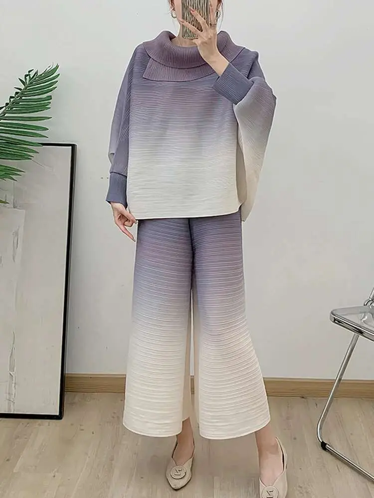 LANMREM Pleated Gradient Color Set 2025 Spring New Loose Long Sleeve Lapel Shirt +Casual Wide Leg Pants Two Piece Sets 2DB1990