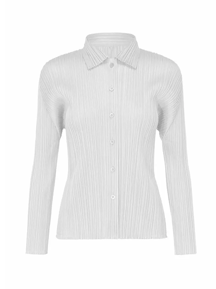 LANMREM Versatile Solid Color Pleated Shirt Women Lapel Long Sleeves Single Breasted Tops Casual 2025 Spring New 2VV1747