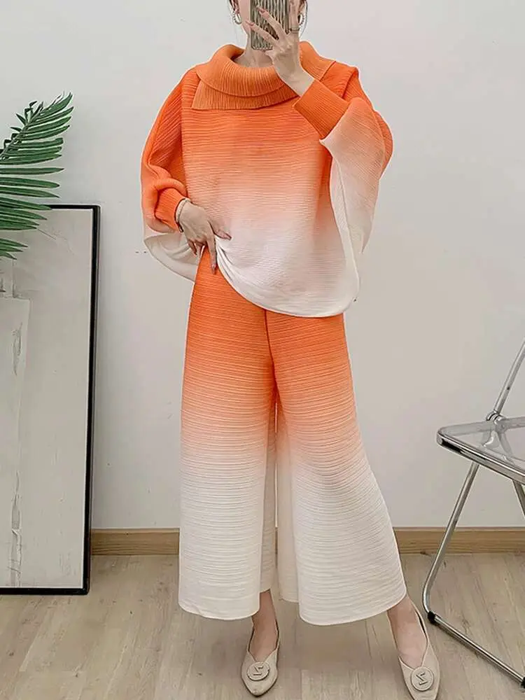 LANMREM Pleated Gradient Color Set 2025 Spring New Loose Long Sleeve Lapel Shirt +Casual Wide Leg Pants Two Piece Sets 2DB1990