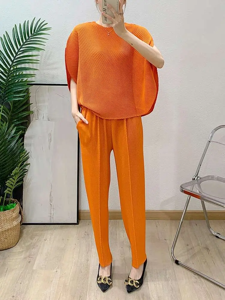 LANMREM Irregular Pleated Pants Sets Women's 2025 New Summer Fashion Short Sleeve Tops And Pencel Pants Two Pieces Set 2DB2618