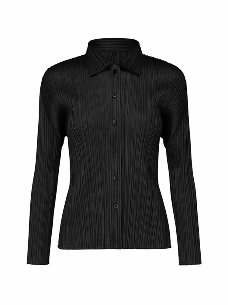 LANMREM Versatile Solid Color Pleated Shirt Women Lapel Long Sleeves Single Breasted Tops Casual 2025 Spring New 2VV1747
