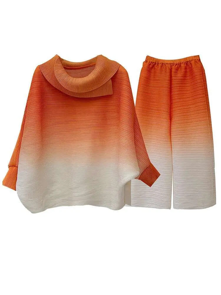 LANMREM Pleated Gradient Color Set 2025 Spring New Loose Long Sleeve Lapel Shirt +Casual Wide Leg Pants Two Piece Sets 2DB1990