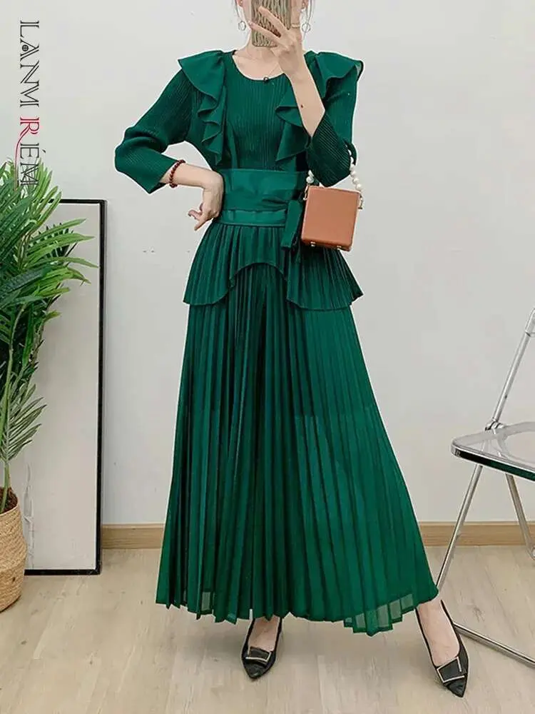 LANMREM Elegant Pleated Two-piece Set Womne V-neck Flounce Belt Gathered Waist Irregular Tops With Casual Wide Leg Pants 2Z2986