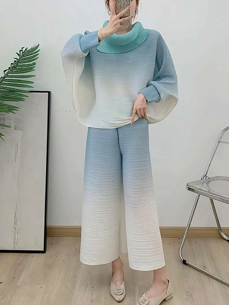 LANMREM Pleated Gradient Color Set 2025 Spring New Loose Long Sleeve Lapel Shirt +Casual Wide Leg Pants Two Piece Sets 2DB1990