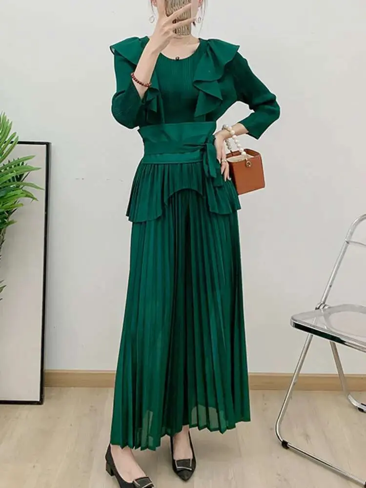LANMREM Elegant Pleated Two-piece Set Womne V-neck Flounce Belt Gathered Waist Irregular Tops With Casual Wide Leg Pants 2Z2986