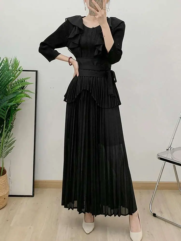 LANMREM Elegant Pleated Two-piece Set Womne V-neck Flounce Belt Gathered Waist Irregular Tops With Casual Wide Leg Pants 2Z2986