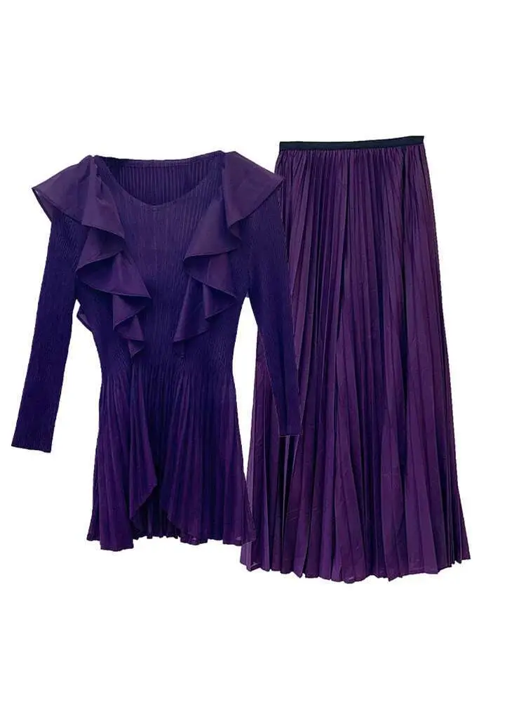 LANMREM Elegant Pleated Two-piece Set Womne V-neck Flounce Belt Gathered Waist Irregular Tops With Casual Wide Leg Pants 2Z2986