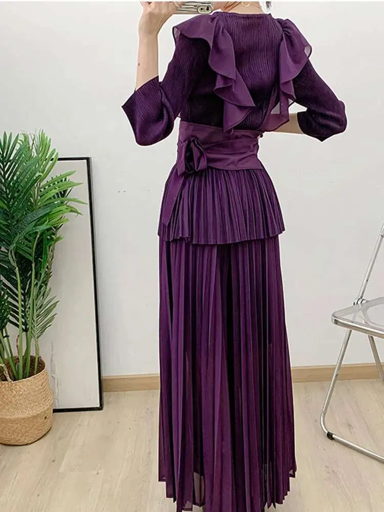 LANMREM Elegant Pleated Two-piece Set Womne V-neck Flounce Belt Gathered Waist Irregular Tops With Casual Wide Leg Pants 2Z2986