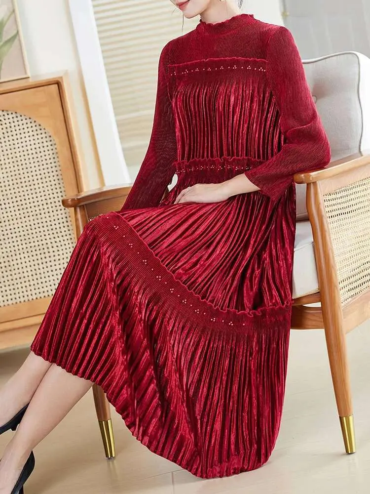 LANMREM Party Pleated Beading Long Dresses Women A Line Velvet Full Sleeve A Line New 2025 Spring Female Loose Dress 17G9272