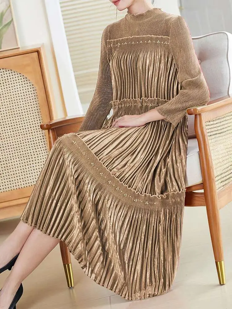 LANMREM Party Pleated Beading Long Dresses Women A Line Velvet Full Sleeve A Line New 2025 Spring Female Loose Dress 17G9272