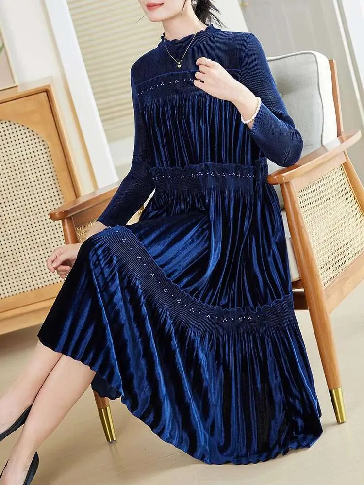LANMREM Party Pleated Beading Long Dresses Women A Line Velvet Full Sleeve A Line New 2025 Spring Female Loose Dress 17G9272