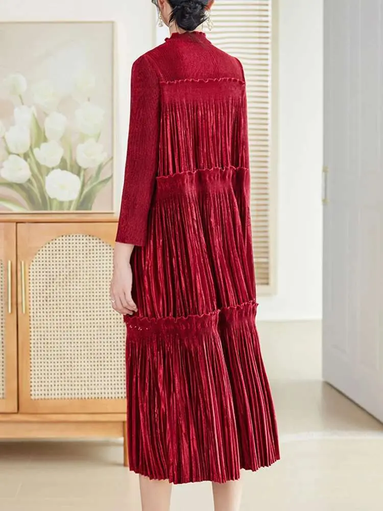 LANMREM Party Pleated Beading Long Dresses Women A Line Velvet Full Sleeve A Line New 2025 Spring Female Loose Dress 17G9272