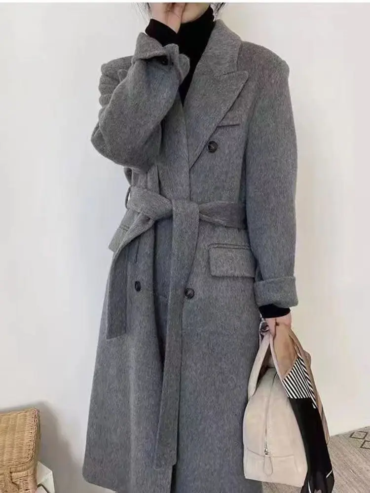 LANMREM Double Sided Wool Coat Mid Length Loose Casual Double Breasted Belt Overcoat Female Warm Clothes 2023 Winter New 2DA2313