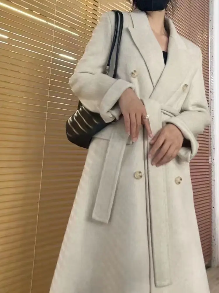 LANMREM Double Sided Wool Coat Mid Length Loose Casual Double Breasted Belt Overcoat Female Warm Clothes 2023 Winter New 2DA2313
