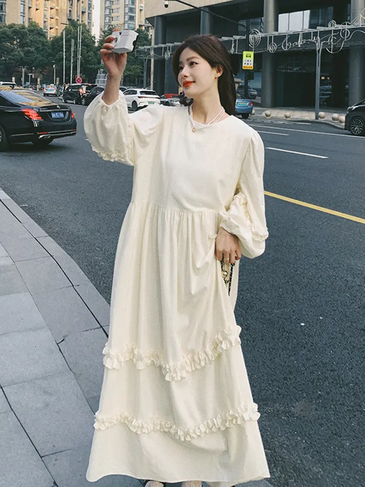 LANMREM Bubble Sleeve Design Women's Dress Solid Color O-neck Patchwork Ruffled Lazy Casual Long Dresses 2025 Spring New 2DE194