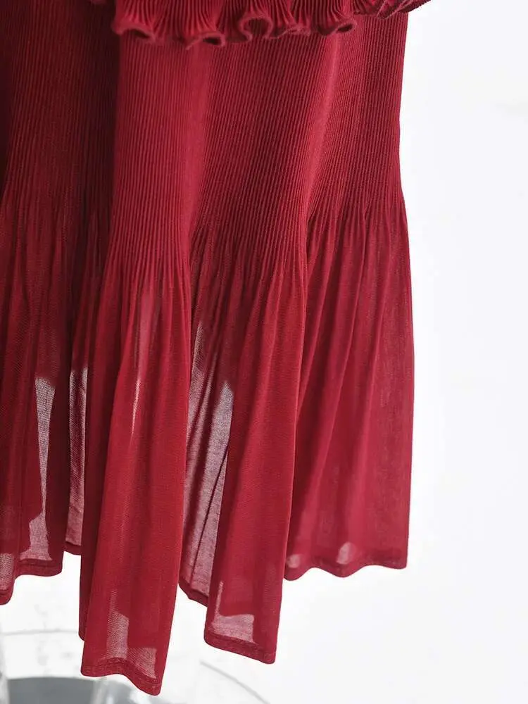 LANMREM Pleated Long Dress Elegant Women's Round Neck Fungus Stitching Design Long Sleeve Party Dresses 2025 New Clothing 32C135