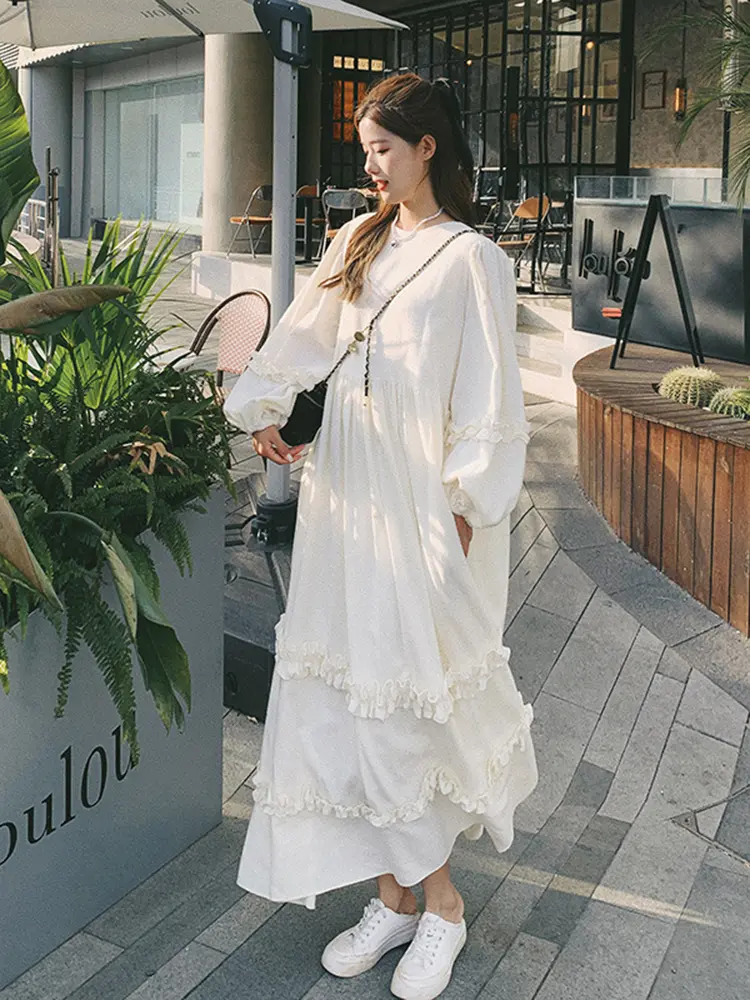 LANMREM Bubble Sleeve Design Women's Dress Solid Color O-neck Patchwork Ruffled Lazy Casual Long Dresses 2025 Spring New 2DE194