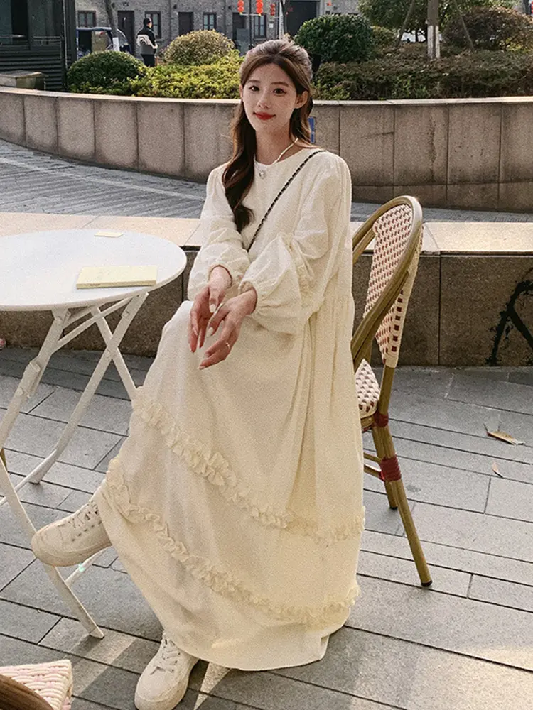 LANMREM Bubble Sleeve Design Women's Dress Solid Color O-neck Patchwork Ruffled Lazy Casual Long Dresses 2025 Spring New 2DE194