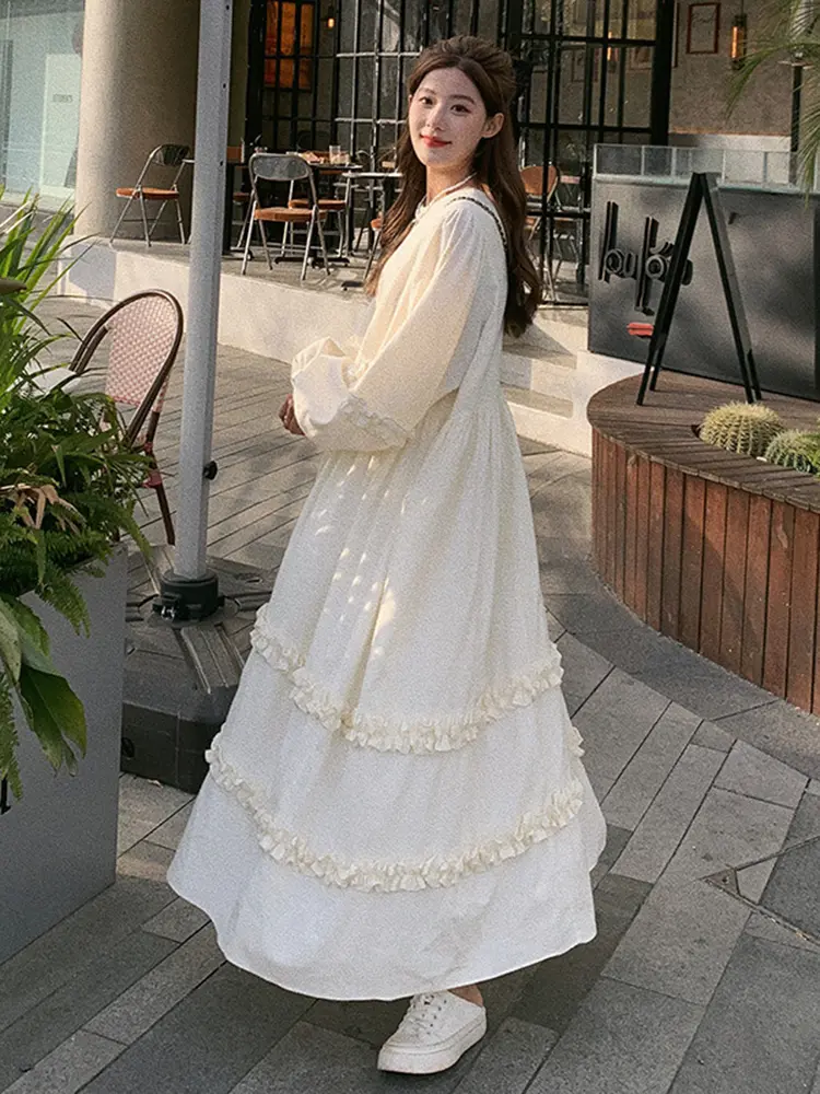LANMREM Bubble Sleeve Design Women's Dress Solid Color O-neck Patchwork Ruffled Lazy Casual Long Dresses 2025 Spring New 2DE194