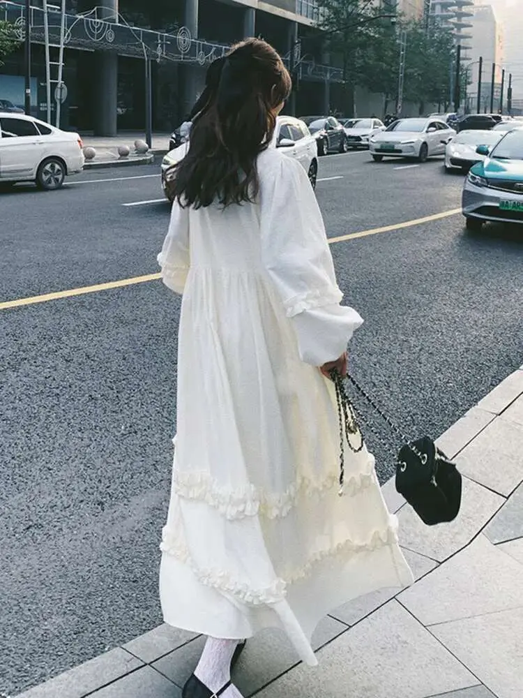 LANMREM Bubble Sleeve Design Women's Dress Solid Color O-neck Patchwork Ruffled Lazy Casual Long Dresses 2025 Spring New 2DE194