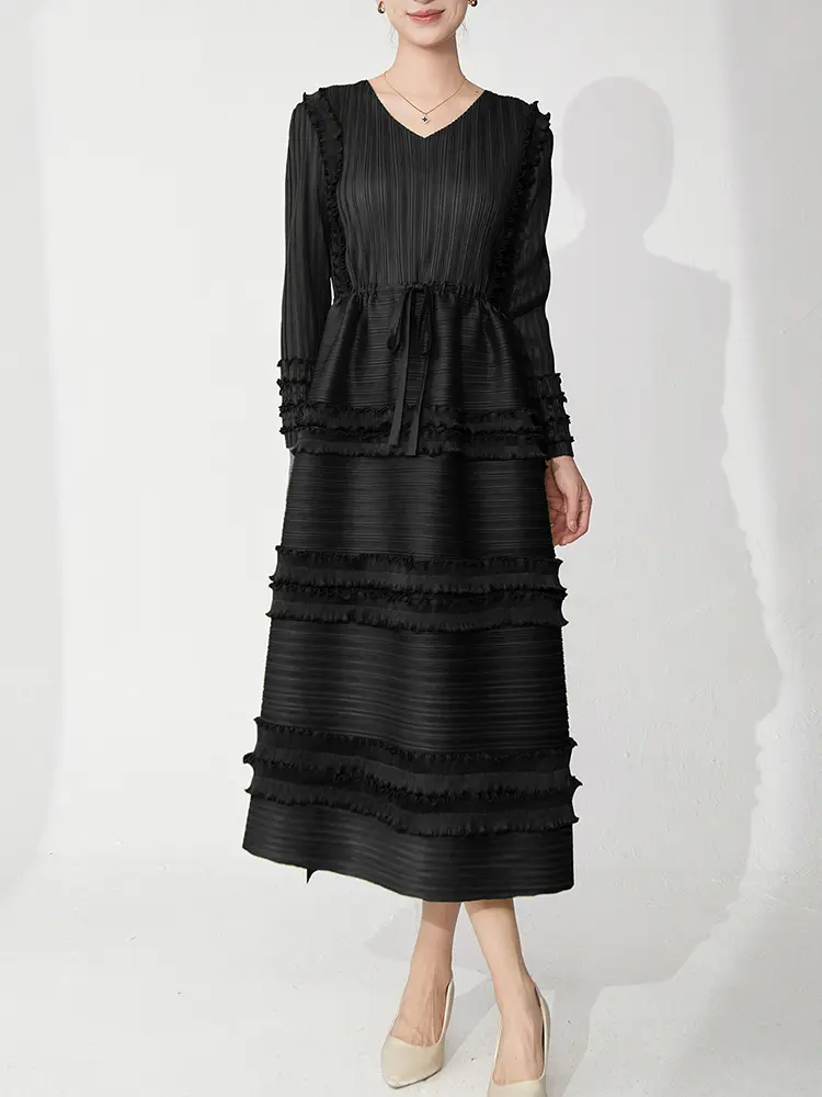 LANMREM Ruffled Panelling‌ Design Green Pleated Dress Women's 2025 New Loose High Waist Long Sleeve Round Collar Dresses 2DB3084